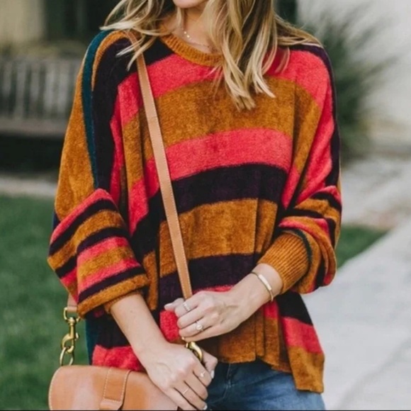 Free People All About You Chenille Terra Cotta Striped sweater in size small - Picture 2 of 5